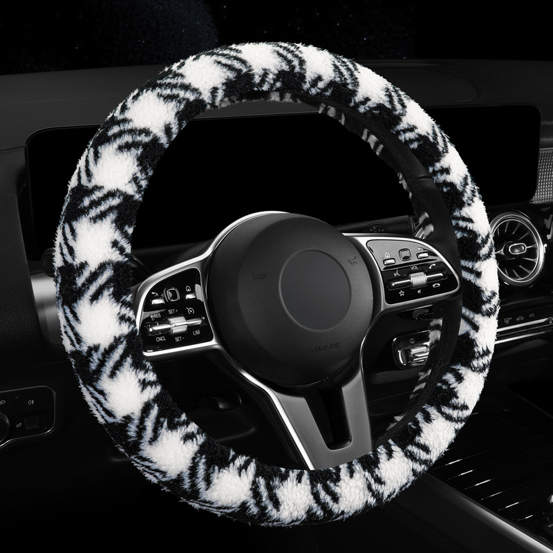2023 New Winter Houndstooth Plush Lambswool Car Steering Wheel Cover In