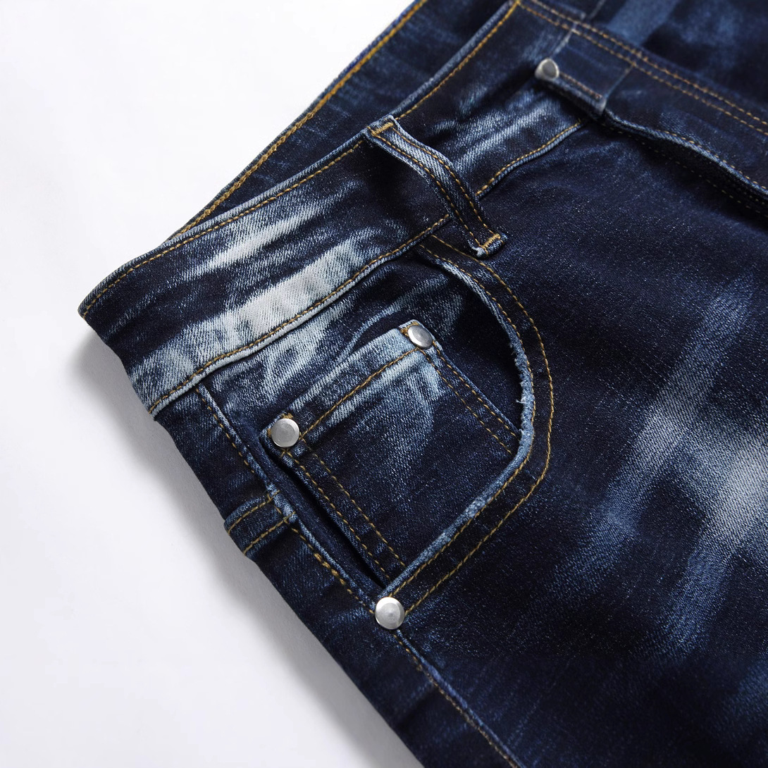 Original European and American Street Fashion Personalized Color-matching dark blue Stretch Denim Pants
