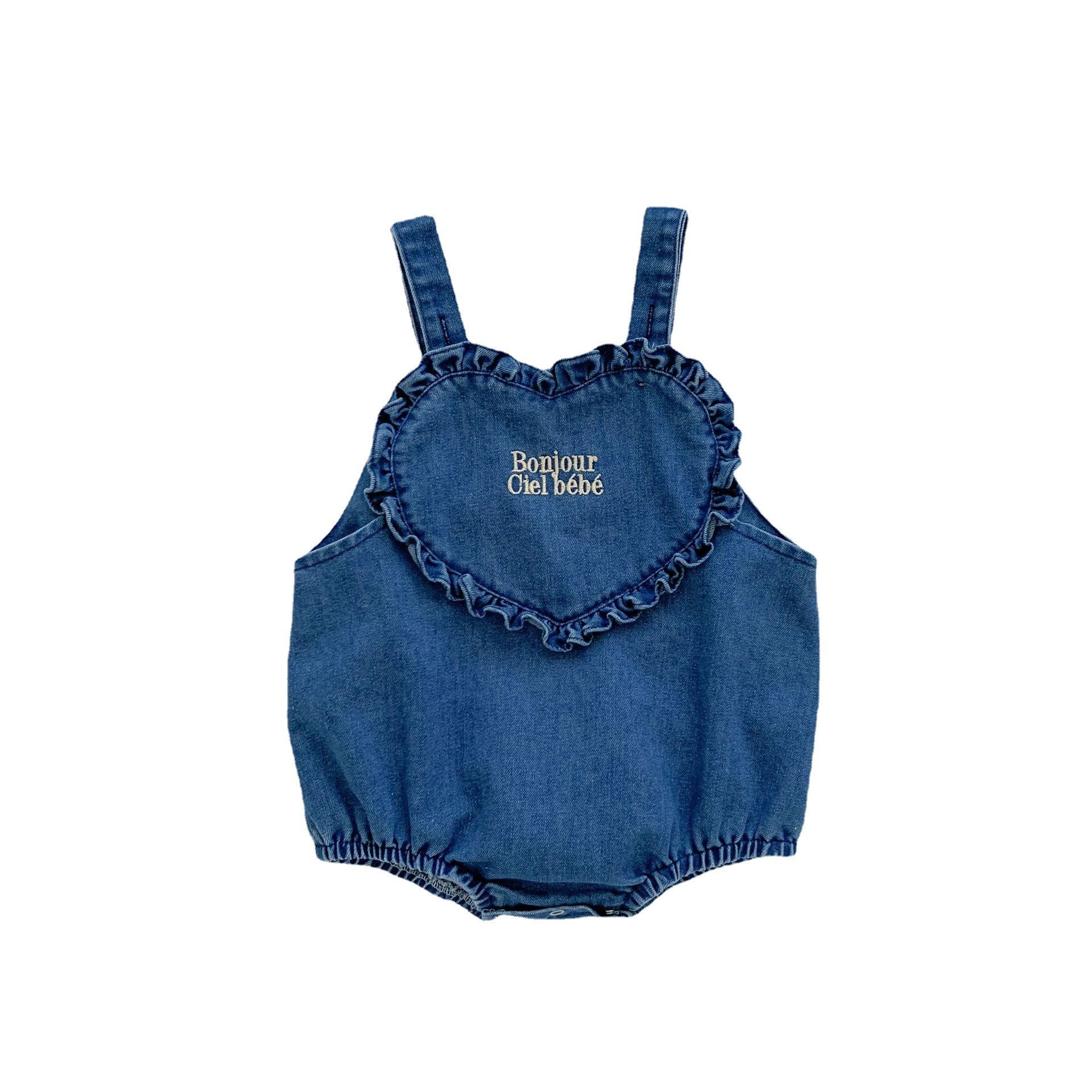 韓国式の赤ちゃんの夏の服の柔らかいデニムの背もたれのお尻の服の洋風の赤ちゃんのかわいい超萌の連体の服の外で服を着ます。