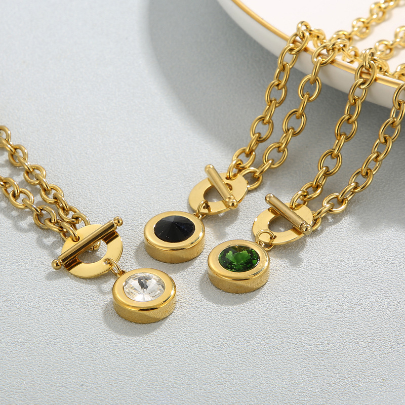 304 Stainless Steel Chain Material 1 Piece Quantity Fashion Round Titanium Steel Plating Inlay Artificial Gemstones Pendant Necklace 1 Piece