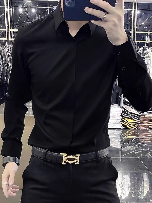 雅痞高级感休闲衬衫男2025春秋长袖纯色商务正装丝滑垂感衬衣男士|undefined