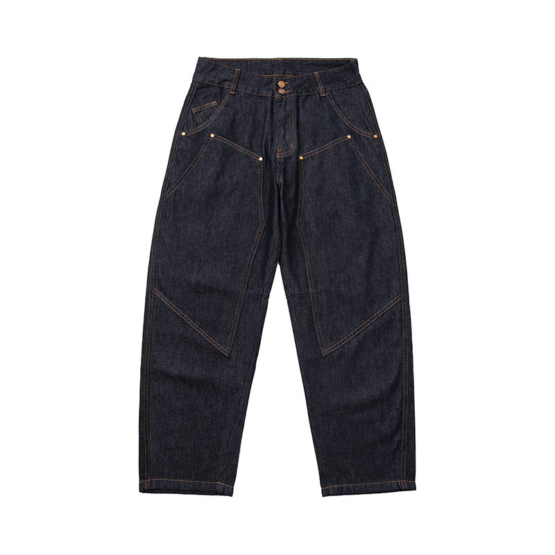 2025 Autumn New Japanese Retro Trend Double Knee Patch Carpenter Dark Blue Casual Workwear Jeans for Men