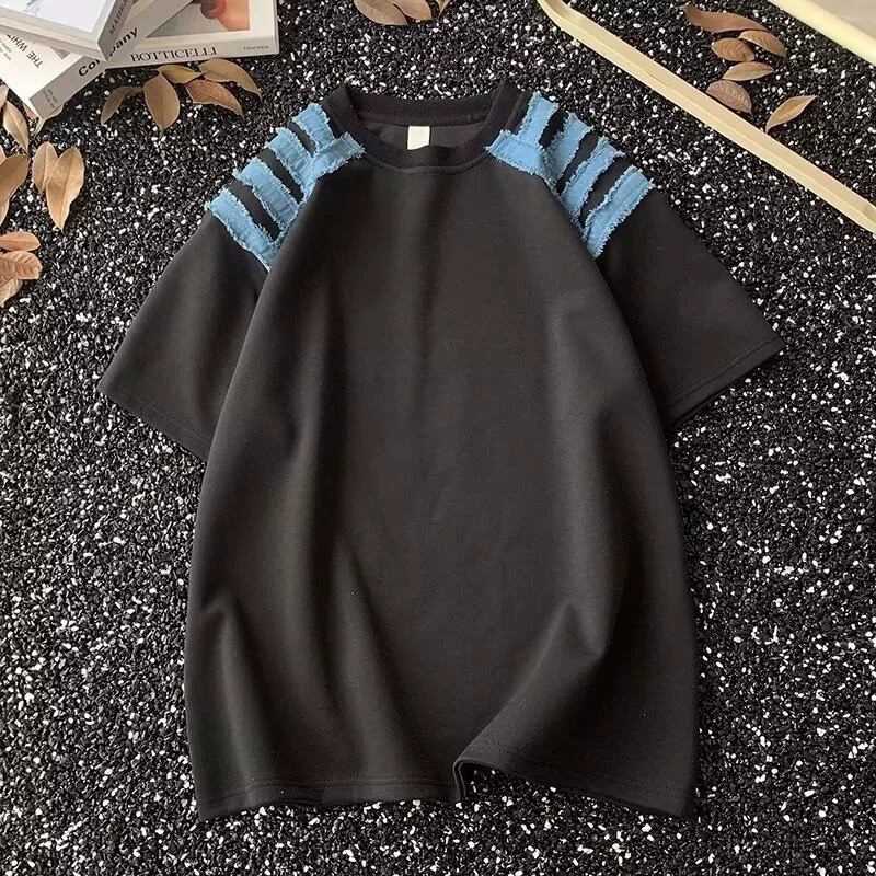 Летняя нишевая джинсовая мужская свободная футболка с короткими рукавами, модная красивая футболка высокого класса в американском стиле