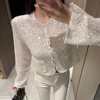 现货如意小香风高级感外套春夏老钱风名媛上衣女薄款闪亮片外套