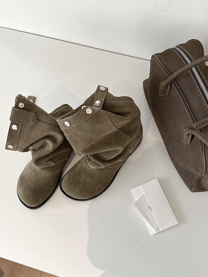 Bốt Martin nữ da lộn nhún nhăn ống rộng gót thô kiểu kỵ sĩ đi hai kiểu — Màu kaki, màu đen chi tiết 4