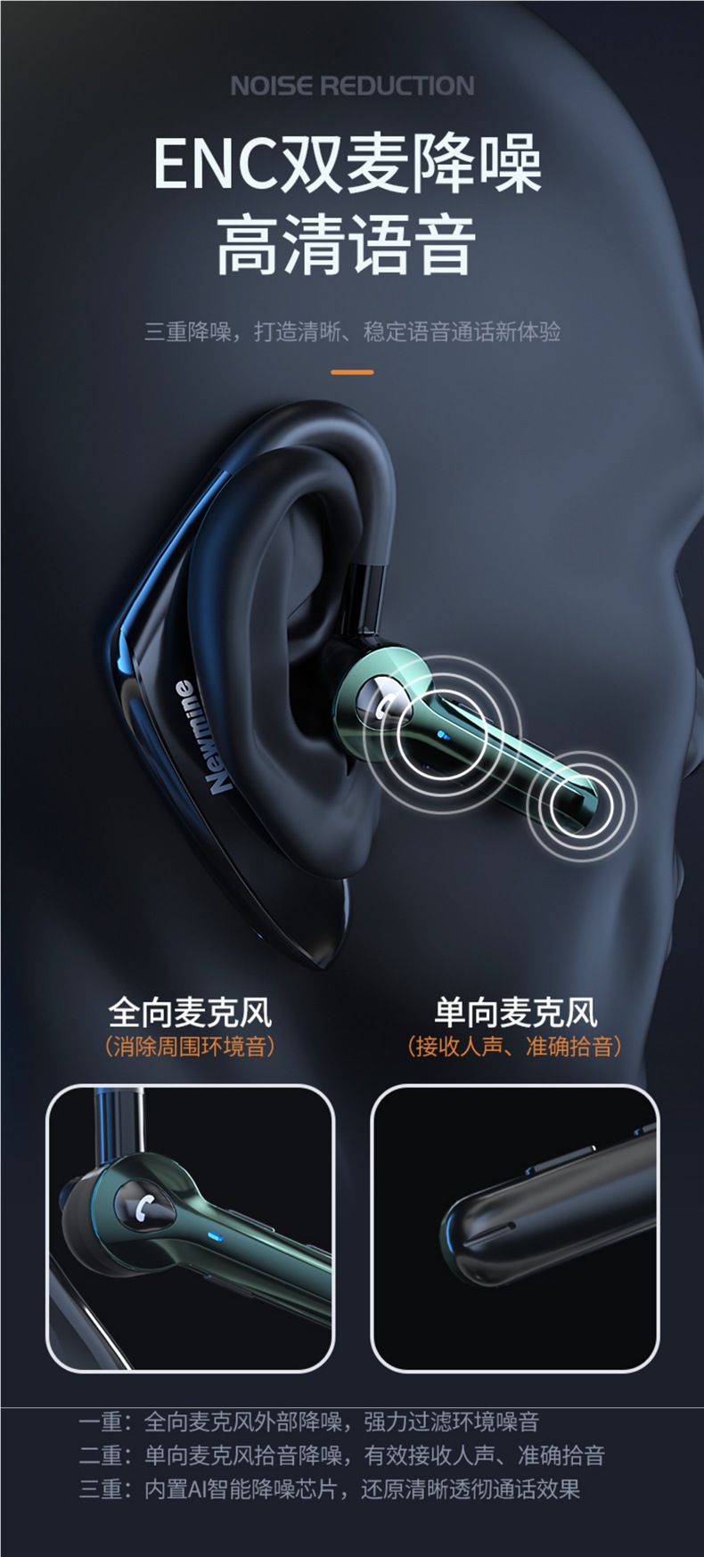 Newman Wireless Bluetooth Headset Single-Ear Hanging Ear Sports Type Driving Special Noise Reduction Ultra-Long Battery Life for Men and Women