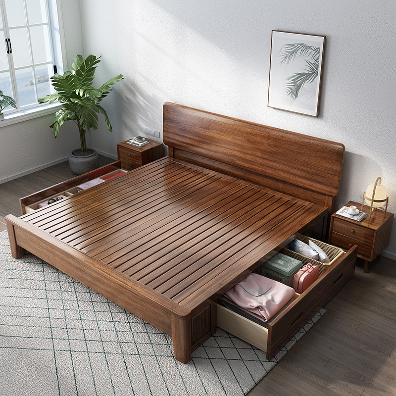 Solid Wood Bed 1.8m Walnut Double Bed Master Bedroom Solid Wood Bed 1.5m Home Solid Wood Bed Full Solid Wood Bed Frame