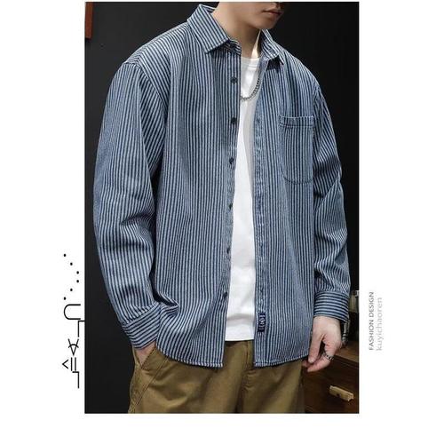 Champion brand water-washed striped denim long-sleeve shirt for men, autumn Japanese casual versatile blue shirt jacket