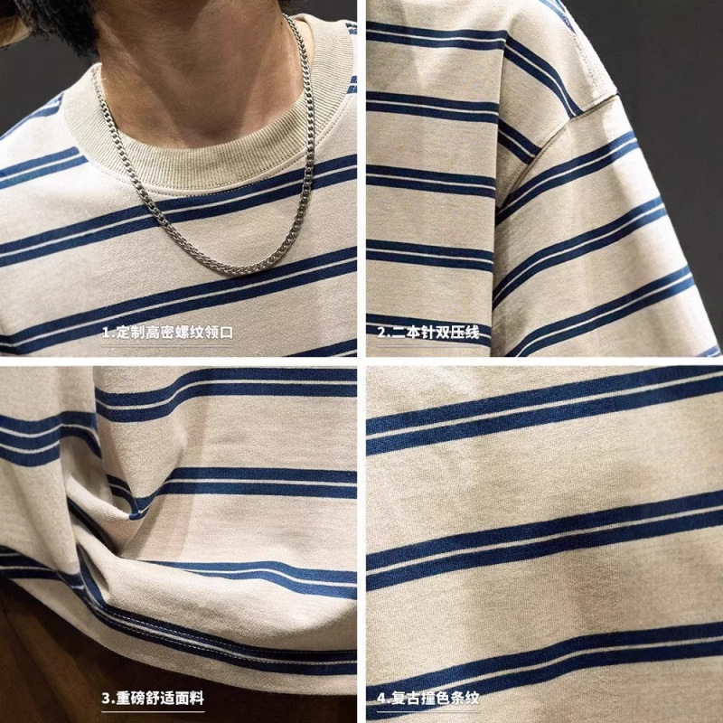 ストライプ Tシャツ メンズ 2025 新しいアメリカンファッションブランド ピュアラウンドネック 半袖 ルーズ カジュアル 香港スタイル 半袖 インサマー|undefined