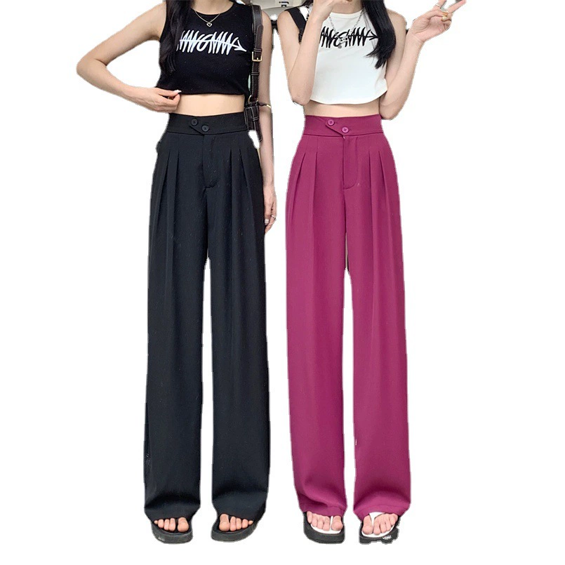 High-Waist Wide-Leg Trousers, Women's Korean Straight Fit, Loose Tailored Design, Black/Khaki/White