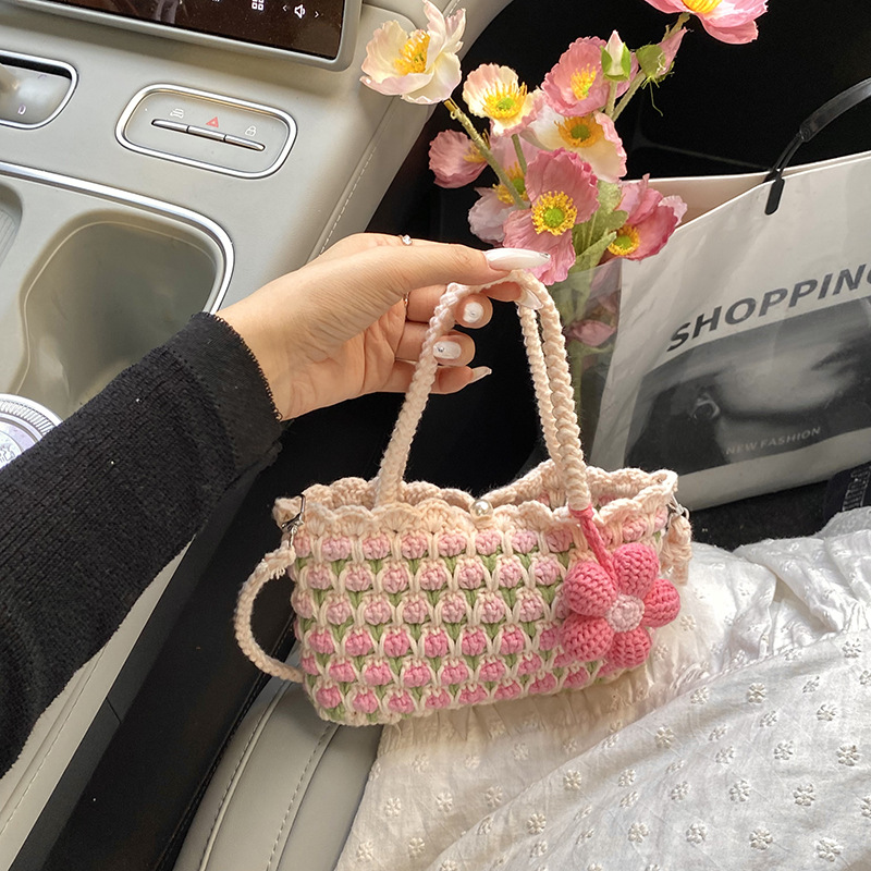 成品手工郁金香手提包毛线钩织斜挎包编织花朵单肩包向日葵针织包