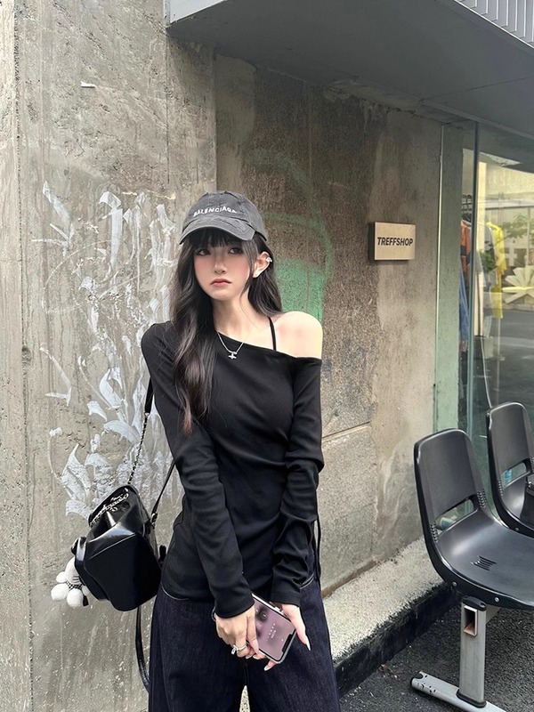 辣妹纯欲风设计感斜领打底衫长袖t恤女内搭春秋新款修身露肩上衣|undefined