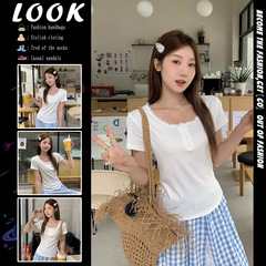 白色蕾丝花边拼接圆领正肩短袖T恤女2025夏新款纯欲辣妹内搭上衣