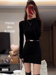 外贸黑色半高领针织连衣裙女长袖年秋冬季新款显瘦内搭打底包臀裙