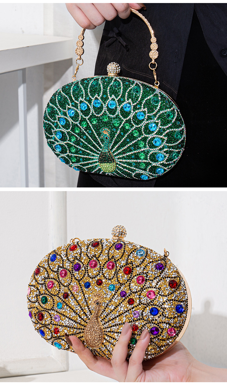 Diamond Design Rhinestone Metal Peacock Oval Evening Bags