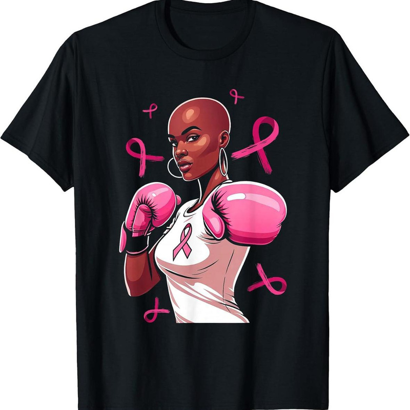 European Size Cross-Border Pure Cotton Black and Pink Ribbon Boxer Print T-Shirt Trendy Pure Cotton Short-Sleeve Top Women's Style
