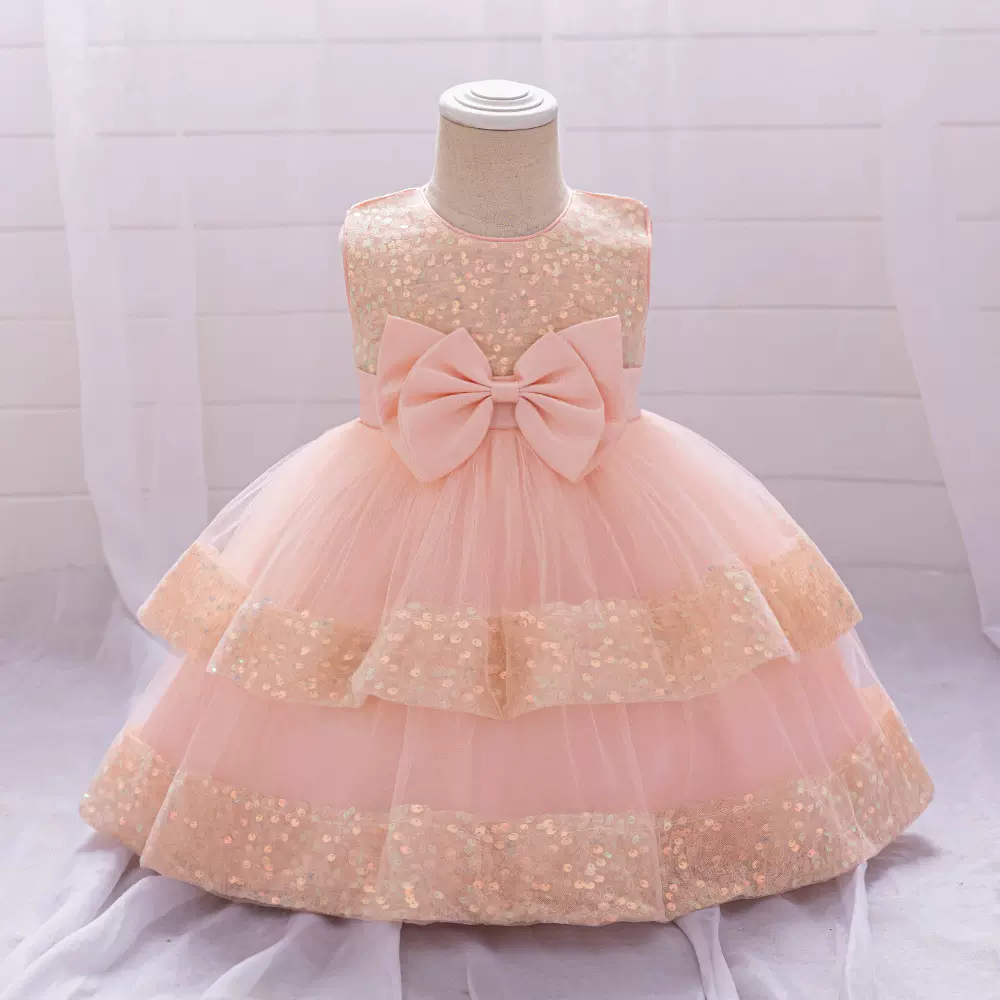 亚马逊夏季婴幼儿童礼服亮片蝴蝶结公主裙宝宝周岁宴会亲肤洗礼服