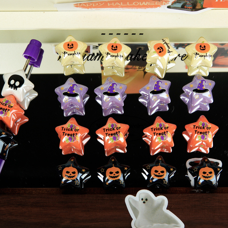 Halloween cartoon print five-pointed star beads, pumpkin head, ghost, little devil beads for DIY pencil case and bag pendants