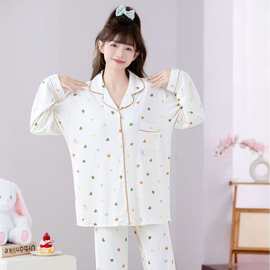 外单厂家批发新款睡衣女士春秋季开衫长袖长裤翻领印花家居服套装