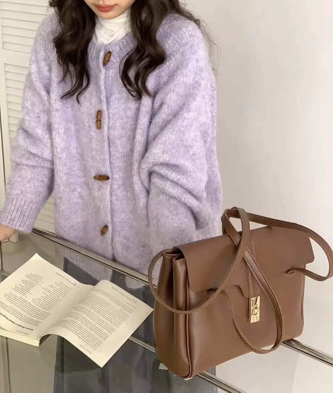 秋冬宽松韩系复古温柔牛角扣针织开衫软糯休闲长袖上衣外套女毛衣|undefined