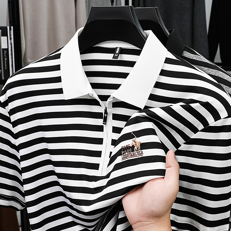 Special Offer: Trendy Men's Short-Sleeved Polo Shirt, New Summer Style, Loose Fit, Striped, Color-Blocking, Exquisite Embroidery Top