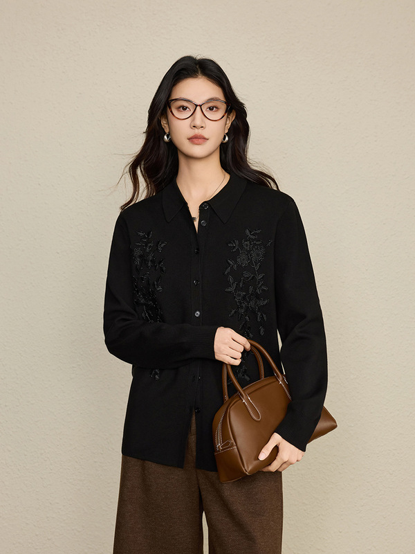 老钱风松驰感轻奢GAO及感绣花钉珠天丝羊毛衬衣针织开衫女秋新款|undefined