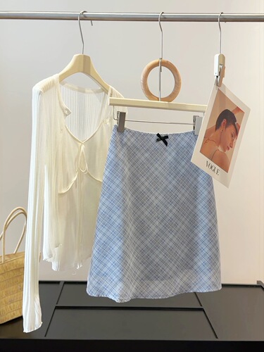 Vintage Gingham A-line Mini Skirt for Women - Summer New Arrival Korean Style Youthful High-Waisted Bowknot Net Bodycon Skirt