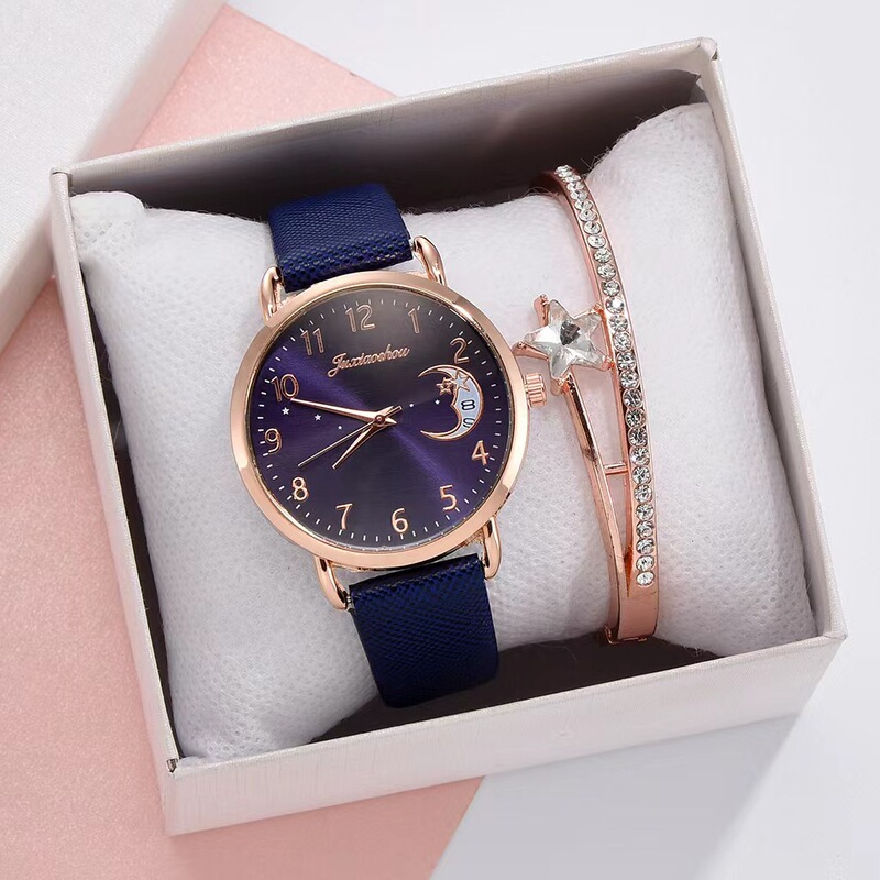 Foreign trade new women's personalized bracelet combination suit moon pattern digital dial 2PCs fashion quartz women's watch