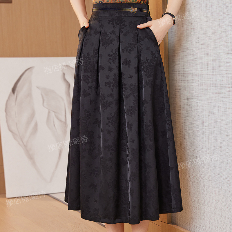 Xiangyunsha シルクジャカードミドル丈スカート、高級ドレープスカート、マザーズウェア、ハイウエスト刺繍プリーツスカート|undefined