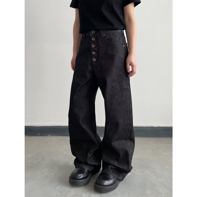 American-Style Five-Button Front Placket Jeans for Men, Vintage Loose A-Line Straight Wide-Leg Cleanfit Raw Denim Pants