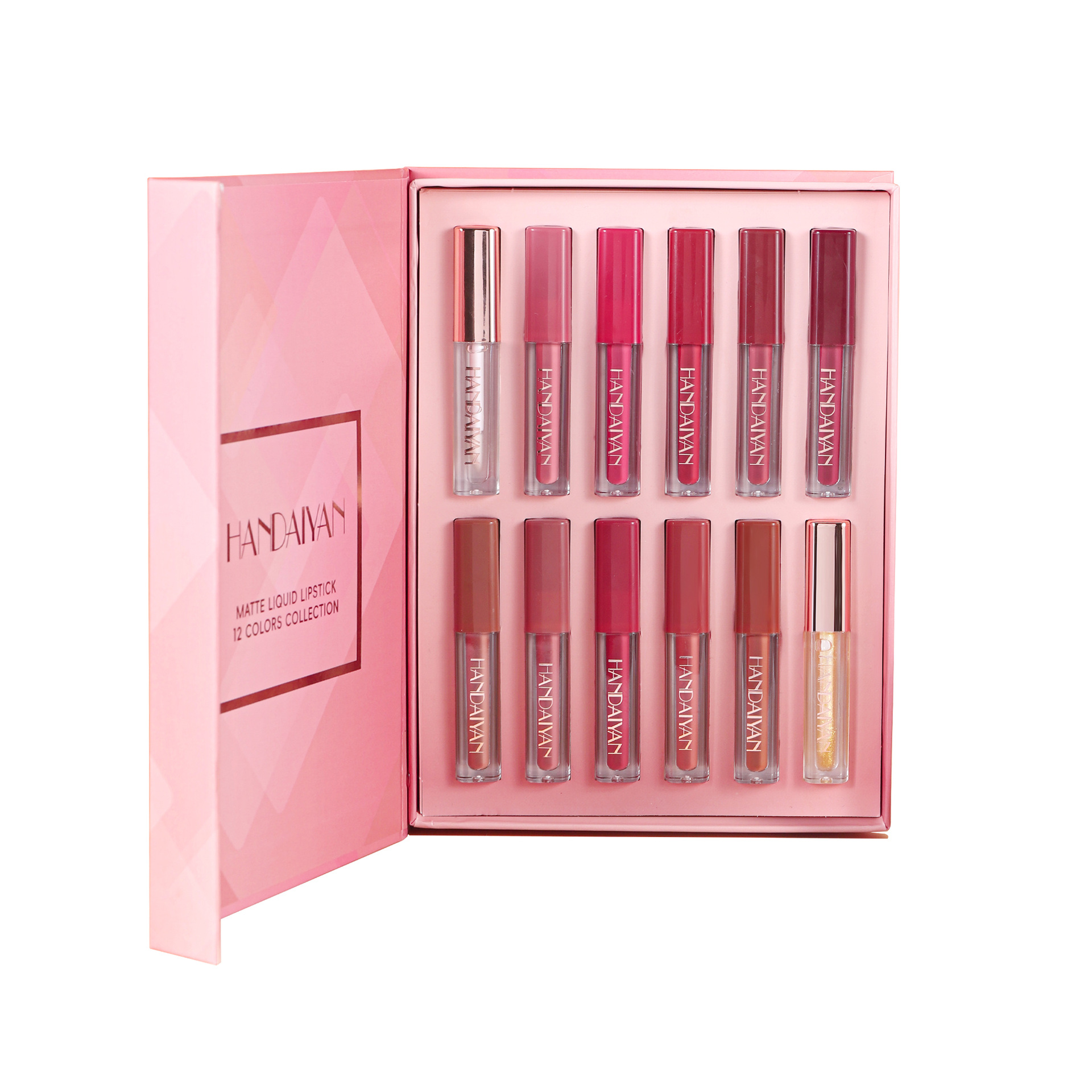 Juego de esmalte de labios transfronterizo tubo cuadrado brillo de labios HANDAIYAN juego de esmalte de labios mate nacarado impermeable y fácil de colorear