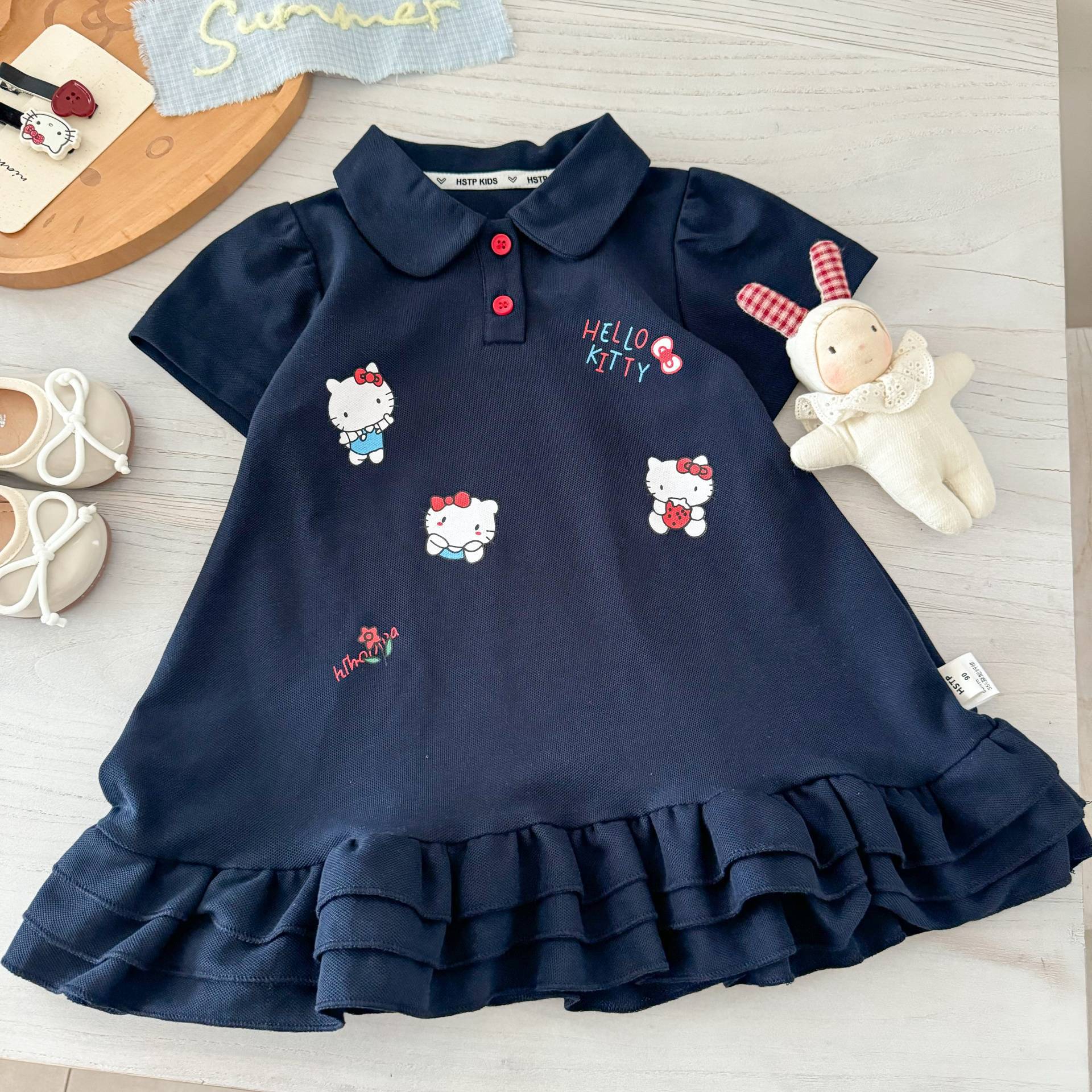 Vestido de verano Sweet Xiaosi para niñas, estilo coreano, moderno, con bordado de gato, para bebés, estilo preppy, con cuello de muñeca y manga corta.