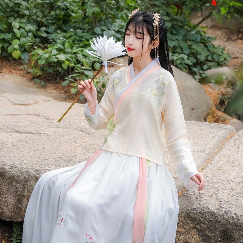 New Women's Hanfu Fairy-Style Spring and Summer Embroidered Cross-Collar Ruqun Pink Ancient Style Student Daily Class Uniform Classical Set New Women's Hanfu Fairy-Style Spring and Summer Embroidered Cross-Collar Ruqun Pink Ancient Style Student Daily Class Uniform Classical Set