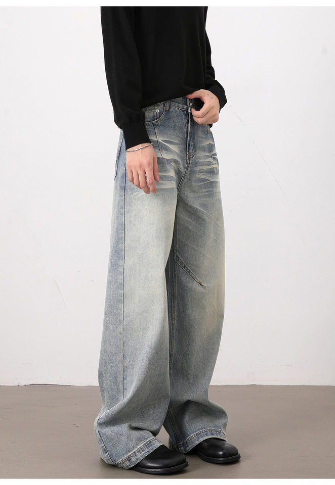 Quần jeans nam dáng rộng ống đứng phong cách high street, lưng vừa, dài ống, dễ phối đồ — Xanh nhạt chi tiết 11
