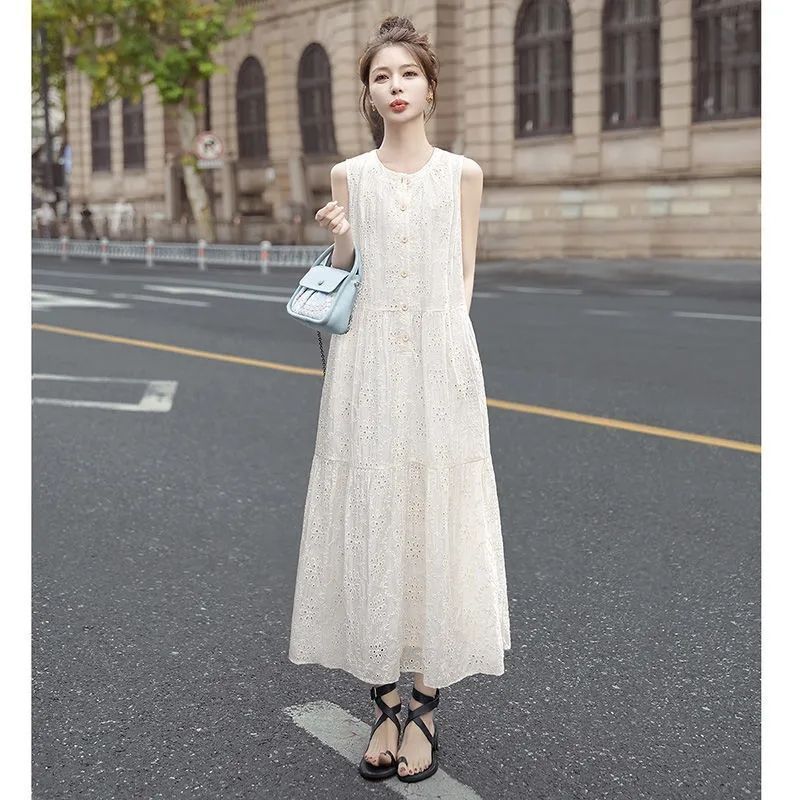 2025年新作夏服、フレンチスタイル、優しいスタイル、女性の気質、オールドマネースタイル、ノースリーブ、シングルブレスト、ゆったり、スリム、ミドル丈|undefined