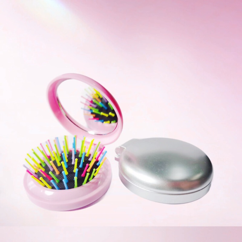 Portable Foldableing Massage Comb with Mirror/Frosted Portable Mini Round Mirror Comb Integrated Fluffy Hair Care