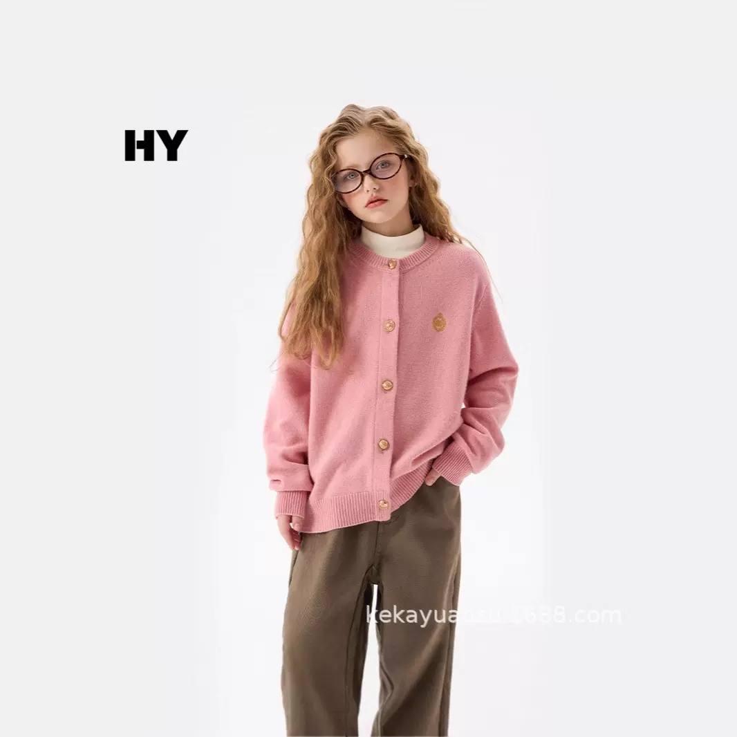 女童灰色开衫毛衣 精致纽扣  刺绣徽章 百搭学院风针织衫粉色毛衫