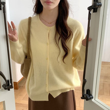 25秋季韩系简约圆领纯色高级感猫眼扣羊绒拉毛时尚百搭女针织开衫