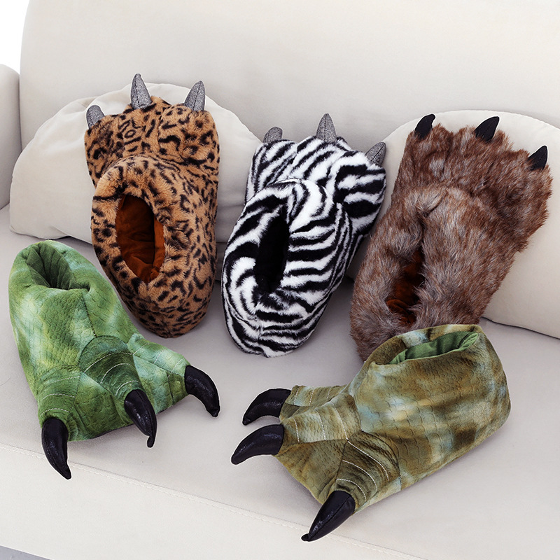 Funny animal paw cotton slippers home indoor covered cute tiger monster catch warm couple furry shoes