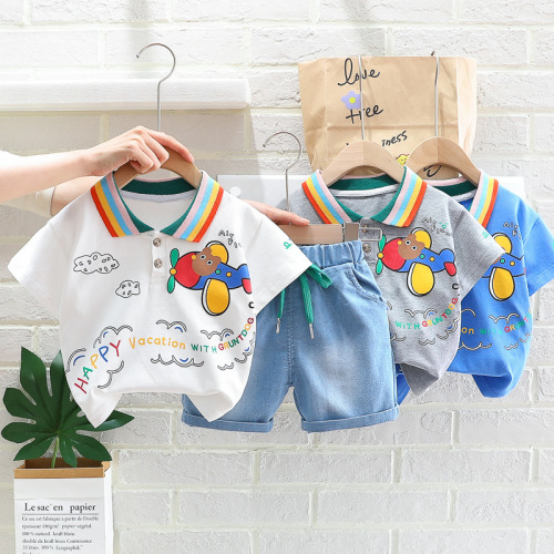 Summer short-sleeved suit for small and medium-sized children, baby boy, cute cartoon lapel shorts two-piece set, manufacturer wholesale 2 years old