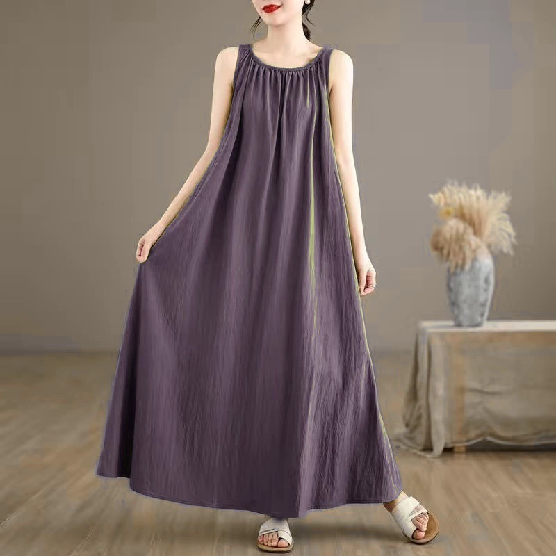 [Собралось 5876 человек] Платье из хлопка и льна, женское летнее новое свободное новое плиссированное платье в стиле шинуазри, ленивое, без рукавов, высокое