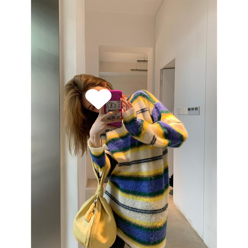 [In Stock] VC Mohair Striped Pullover Sweater for Women, New Loose Fit Casual Top