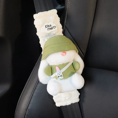 Seat belt shoulder pad Soft and Cute Puppy Rabbit - 1-piece-green-rabbit-puff-shoulder-cover