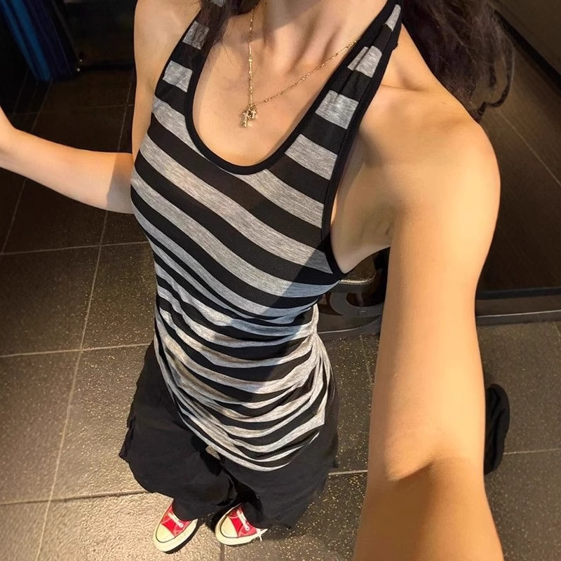 Striped Halterneck Sleeveless Camisole Women's Outer Wear Summer New Casual Slimming American Sweet Girl Inner Top