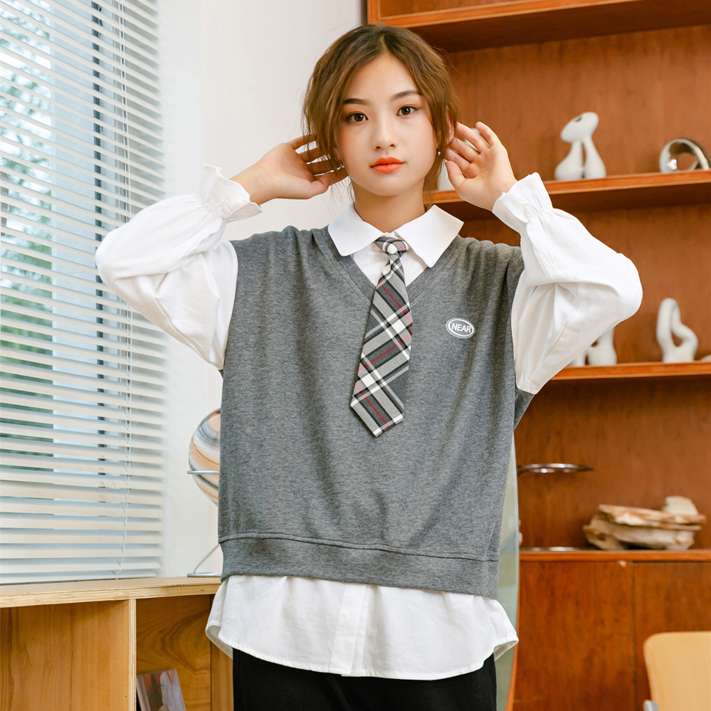 2024 Spring and Autumn New Korean Style Children's Clothing for Older Children, Academic Style, Bubble Sleeve Tie-in Sweatshirt, Two-Piece Sweatshirt for Girls