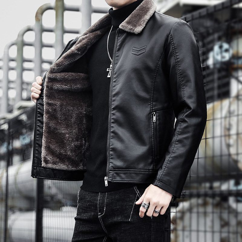 2024 Winter New Men's Fur One-piece Leather Men's Fleece Jacket Thickened Warm Slim PU Jacket Trendy