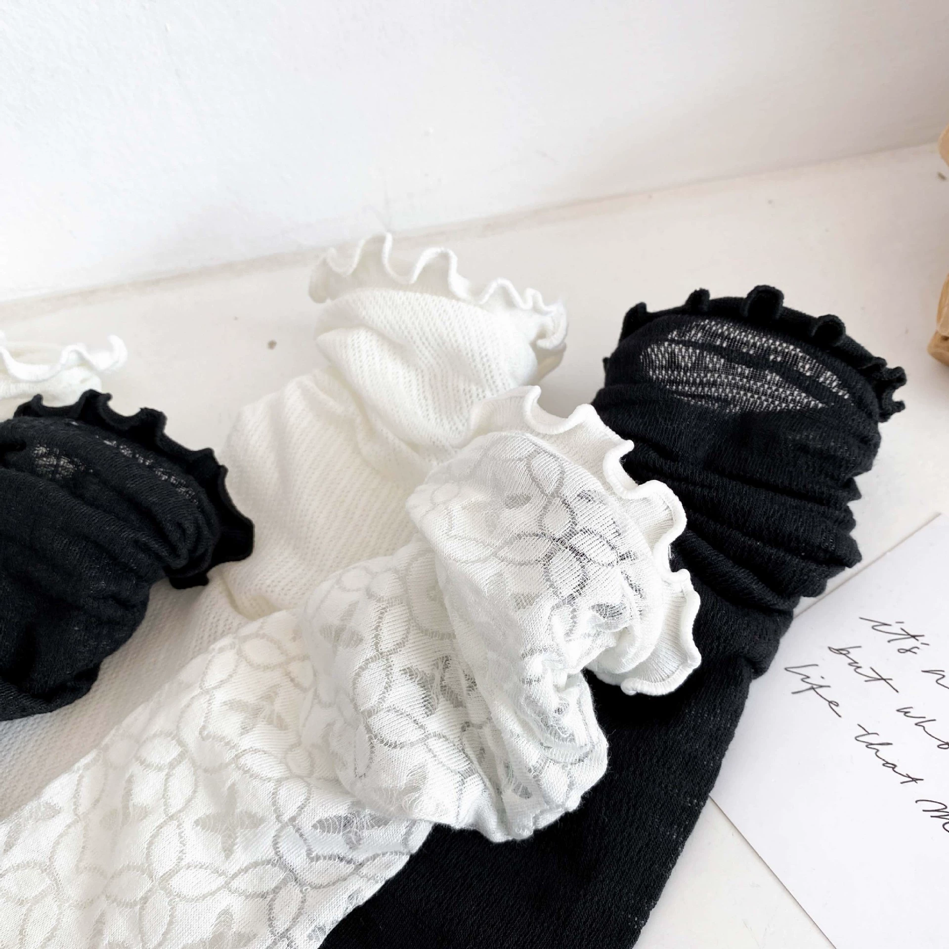 Socks in summer net eye hollow and breathable women's middle stockings college wind black and white jk socks Japanese wood ear pile pile of socks