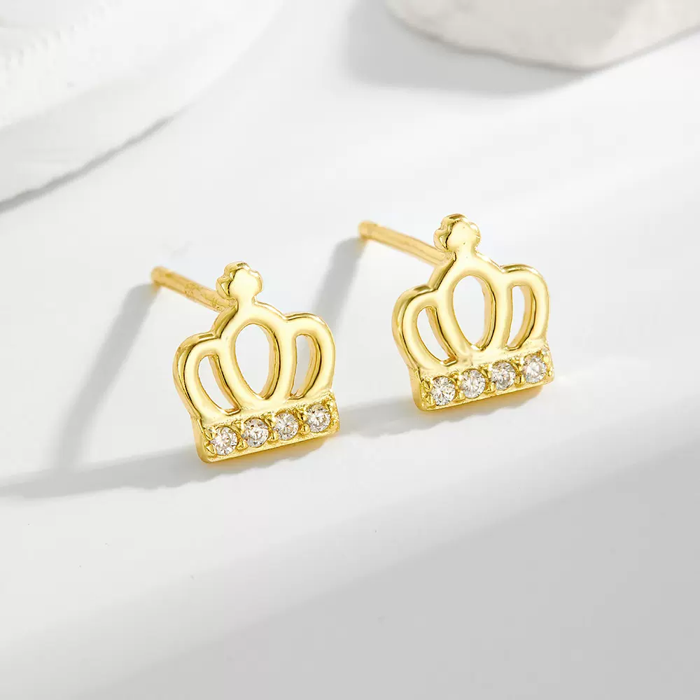 925纯银镶钻皇冠耳钉女新款个性设计感潮耳骨钉简约ins气质耳饰品