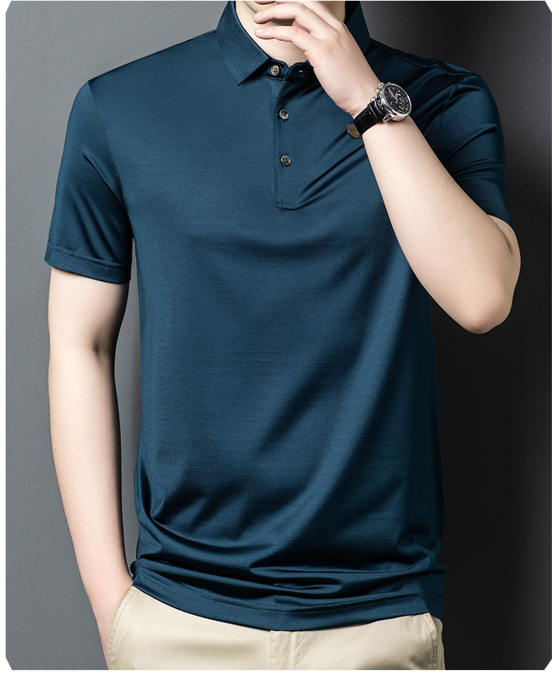 Áo polo nam tay ngắn lụa tơ tằm cổ bẻ mỏng nhẹ — Màu xanh dương JS1601077 chi tiết 15