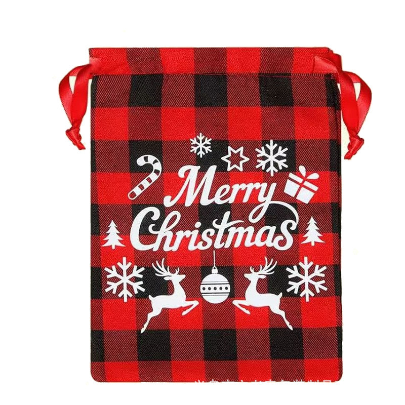 跨境爆款圣诞格子棉布袋套装抽绳儿童糖果礼品袋圣诞节礼品束口袋